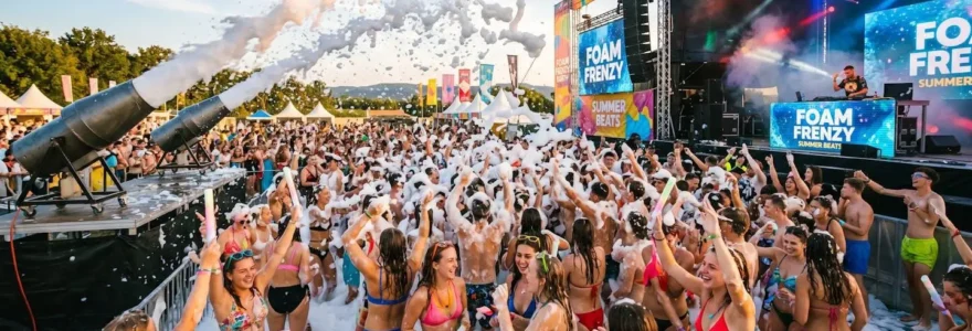Vue immersive d'une foam party avec des canons à mousse géants et un DJ devant une foule festive en plein air