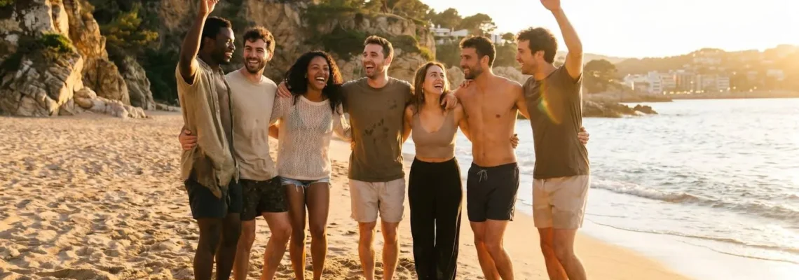 Gruppo di amici giovani che festeggiano sulla spiaggia di Salou al tramonto con la Costa Dorada sullo sfondo
