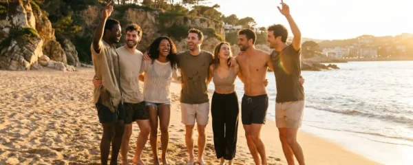 Gruppo di amici giovani che festeggiano sulla spiaggia di Salou al tramonto con la Costa Dorada sullo sfondo