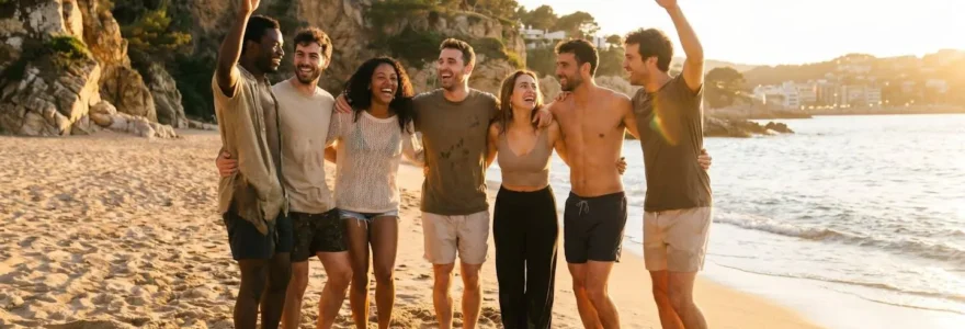 Gruppo di amici giovani che festeggiano sulla spiaggia di Salou al tramonto con la Costa Dorada sullo sfondo