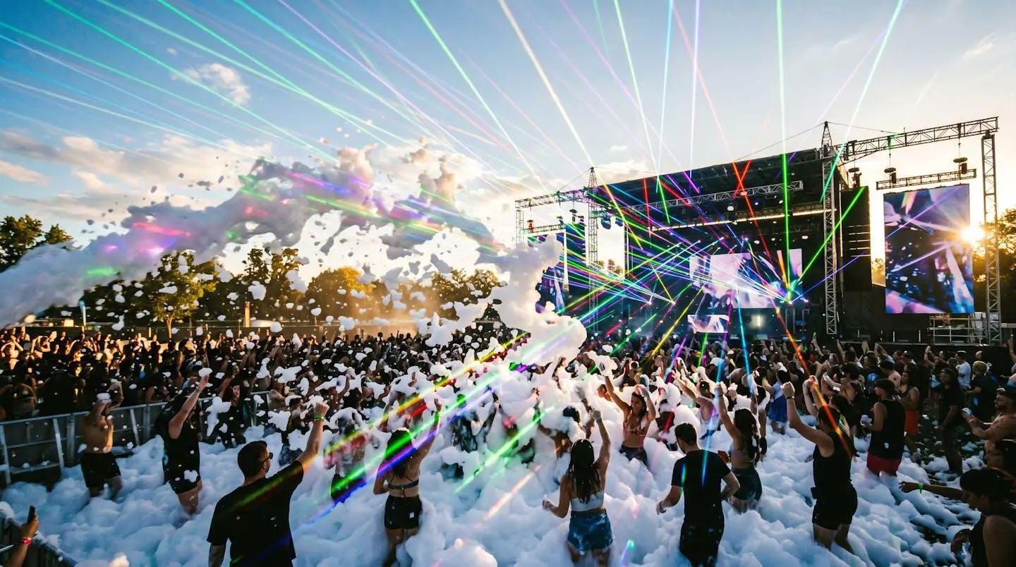 Spectacle laser multicolore au-dessus de la piste de danse extérieure du St Trop Disco lors de la foam party