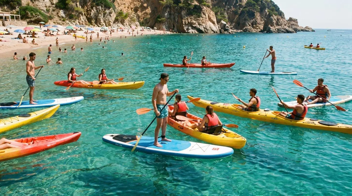 Giovani che praticano sport acquatici sulle spiagge di Salou durante l'estate con il mare azzurro della Costa Dorada