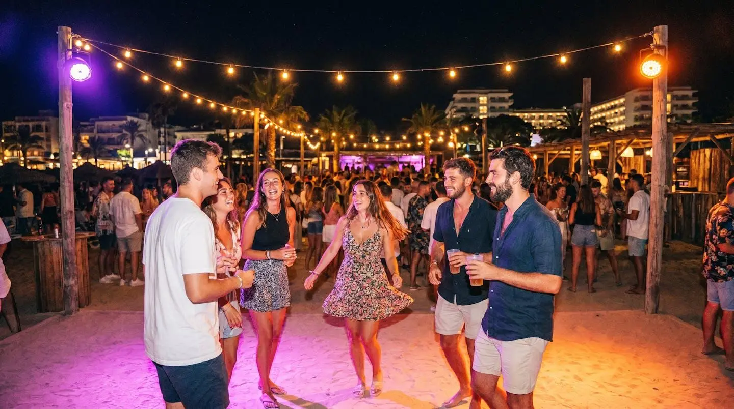 Gruppo di amici giovani che si divertono nella vita notturna di Salou con luci colorate e atmosfera festosa